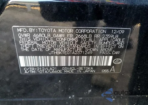 2010 Lexus Es 350 z USA, uszkodzony, nr VIN JTHBK1EG1A2371249